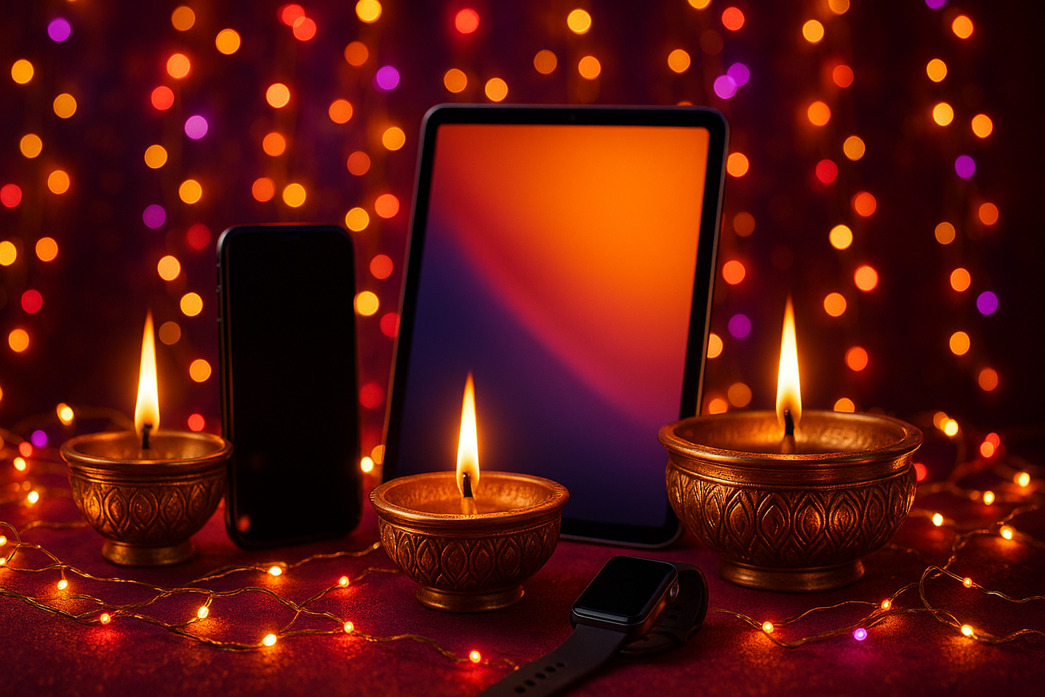 Large festive image or animation (e.g., glowing lights, diyas, and gadgets).